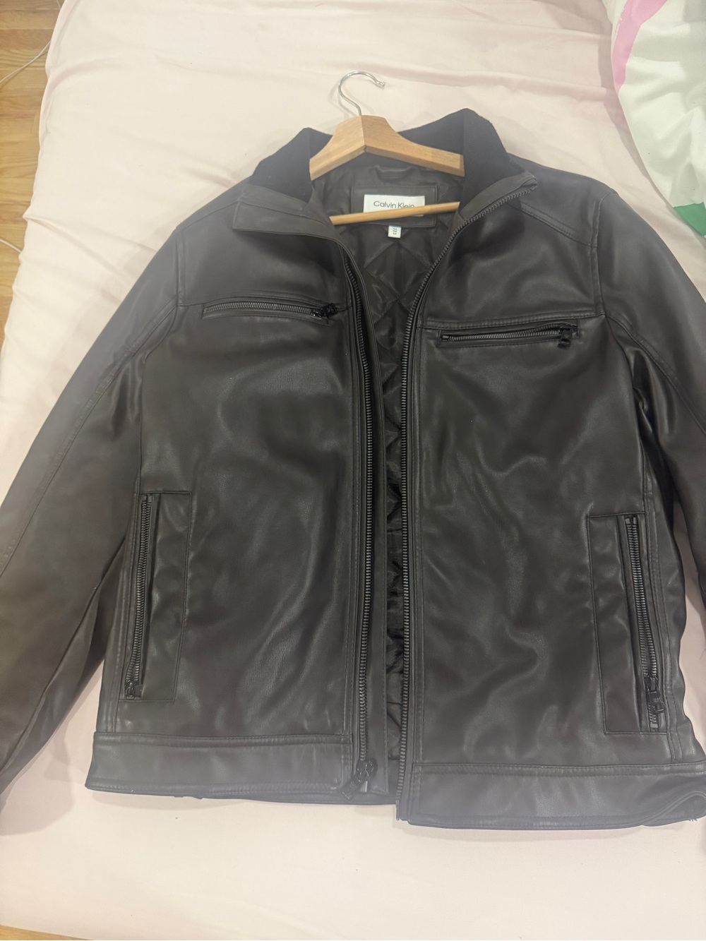 Calvin Klein Black Men's Faux Leather Zip Bomber Jacket
